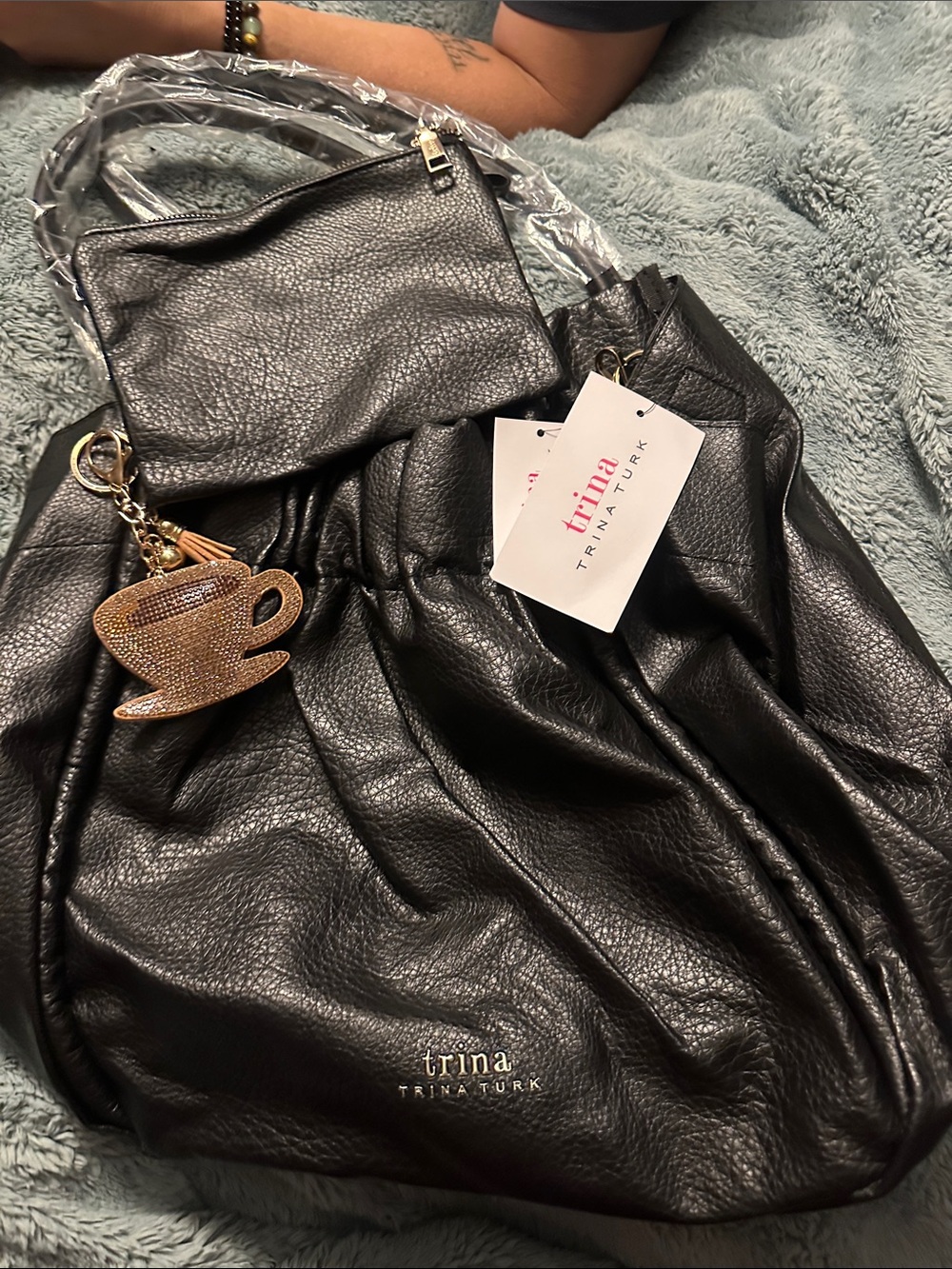 Trina Turk Black Pebbled Leather Shoulder Bag with Gold Charm